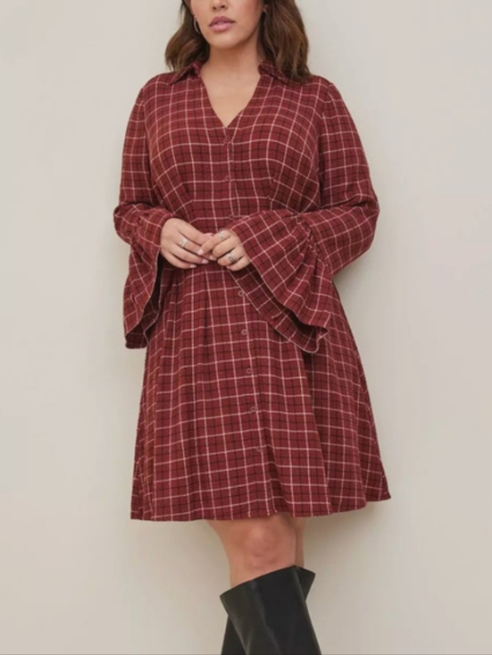 torrid Dresses & Skirts - TORRID SIZE 1 / 1X Brown Plaid Gauze Long Bell Sleeve Mini Shirt Dress, Buttons